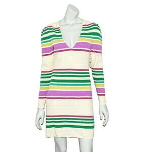 Free People Cream Knit Mini Dress with Green, Purple & Yellow Stripes